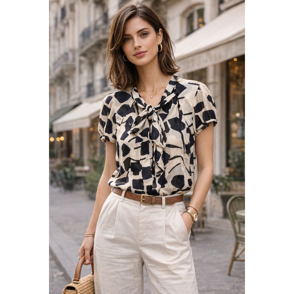 DVF Dian Von Furstenberg Black White Silk Blouse Top Shirt   Women's Size 4